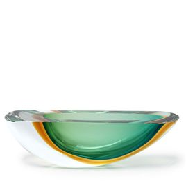 Canoe Shaped Bowl 160 MS Bicolor Green with Amber Murano Style Art Glass