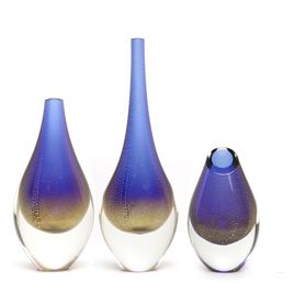Set of 3 Small Drop Glass Vases Blue with Gold  Murano Style Art Glass