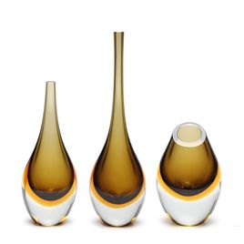 Set of 3 Small Drop Glass Vases Bicolor Smoky with Amber Murano Style Art Glass