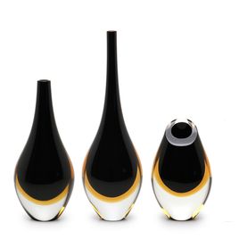 Set of 3 Small Drop Glass Vases Bicolor Black with Amber Murano Style Art Glass
