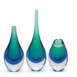 Set of 3 Small Drop Glass Vases Bicolor Green with Aquamarine Murano Style Art Glass