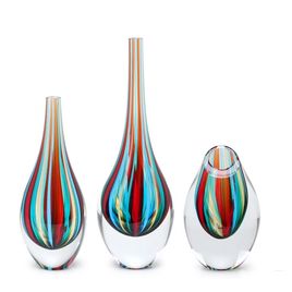 Set of 3 Small Drop Glass Vases with Colored Canes Murano Style Art Glass