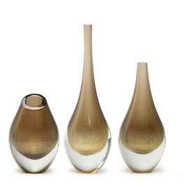 Set of 3 Small Drop Glass Vases Smoky with Gold  Murano Style Art Glass