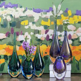 Set of 3 Small Drop Glass Vases Blue with Gold  Murano Style Art Glass