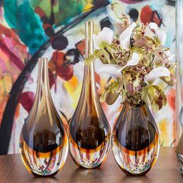 Set of 3 Small Drop Glass Vases Bicolor Smoky with Amber Murano Style Art Glass