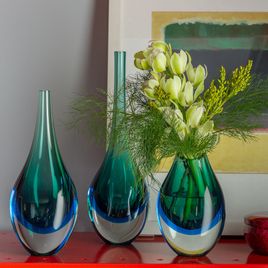 Set of 3 Small Drop Glass Vases Bicolor Green with Aquamarine Murano Style Art Glass