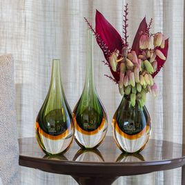 Set of 3 Small Drop Glass Vases Bicolor Green with Amber Murano Style Art Glass