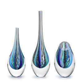Set of 3 Small Drop Glass Vases Hippie Line Blue and Green Murano Style Art Glass