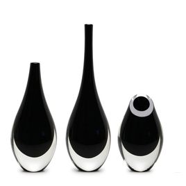 Set of 3 Small Drop Glass Vases Black Murano Style Art Glass