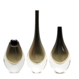Set of 3 Small Drop Glass Vases Black with Gold Murano Style Art Glass