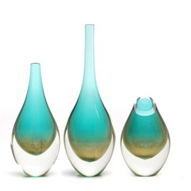 Set of 3 Small Drop Glass Vases Green with Gold Murano Style Art Glass