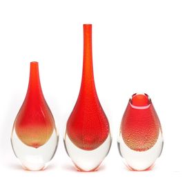 Set of 3 Small Drop Glass Vases Red with Gold Murano Style Art Glass