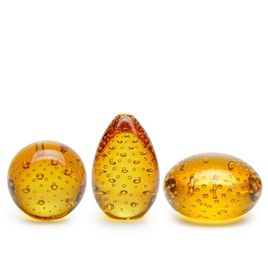 Set of 3 Small Paperweights Bubble Effect Amber Murano Style Art Glass