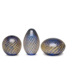 Set of 3 Paperweights Bubble Effect Aquamarine with Gold Murano Style Art Glass
