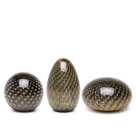 Set of 3 Paperweights Bubble Effect Black with Gold Murano Style Art Glass