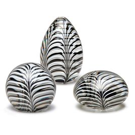 Set of 3 Large Paperweights Feather Pattern Black and White Murano Style Art Glass