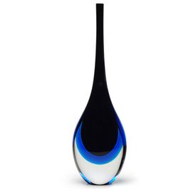 Tall Drop Glass Vase Bicolor Black with Aquamarine Murano Style Art Glass