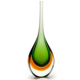 Tall Drop Glass Vase Bicolor Green with Amber Murano Style Art Glass