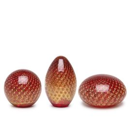 Set of 3 Paperweights Bubble Effect Red with Gold Murano Style Art Glass