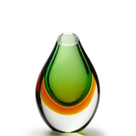 Low Drop Glass Vase Bicolor Green with Amber Murano Style Art Glass