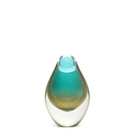 Small Low Drop Glass Vase Green with Gold Murano Style Art Glass