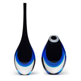Pair of Drop Glass Vases Tall and Low Bicolor Black with Aquamarine Murano Style Art Glass