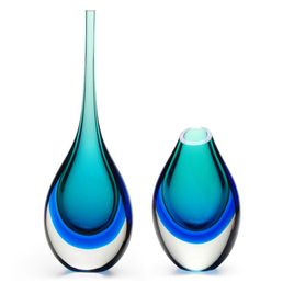 Pair of Drop Glass Vases Tall and Low Bicolor Green with Aquamarine Murano Style Art Glass