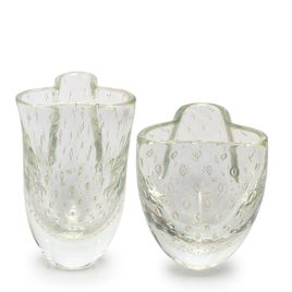 Pair of Small Glass Vases Clover 2 and 3 Bubble Effect Transparent with Gold Murano Style Art Glass