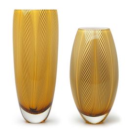 Pair of Vases 54 and 55 MS Feather Pattern Milky Amber Murano Style Art Glass