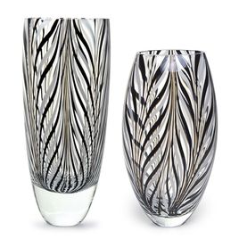 Pair of Vases 54 and 55 MS Feather Pattern Black and White Murano Style Art Glass