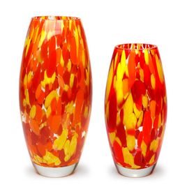 Pair of Vases Oliva Multicor Yellow, Orange and Coral Murano Style Art Glass