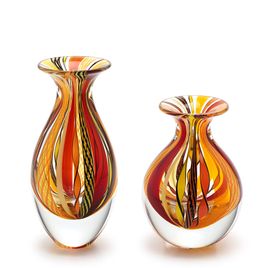 Pair of Small Vases Hippie Red, Orange and Yellow Murano Style Art Glass