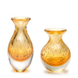 Pair of Small Vases Bubble Effect Amber with Gold Murano Style Art Glass