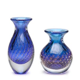 Pair of Small Vases Bubble Effect Blue with Gold Murano Style Art Glass