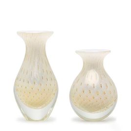 Pair of Small Vases Bubble Effect White with Gold Murano Style Art Glass