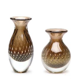 Pair of Small Vases Bubble Effect Smoky with Gold Murano Style Art Glass