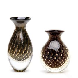 Pair of Small Vases Bubble Effect Black with Gold Murano Style Art Glass
