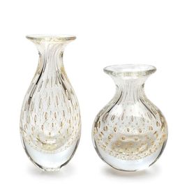 Pair of Small Vases Bubble Effect Transparent with Gold Murano Style Art Glass