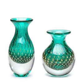 Pair of Small Vases Bubble Effect Green with Gold Murano Style Art Glass