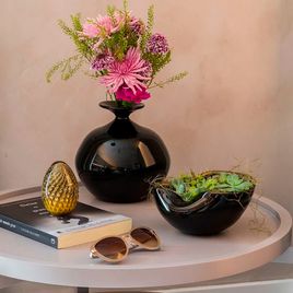 Bowl 2 Bubble Effect Black with Gold Murano Style Art Glass
