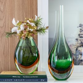 Tall Drop Glass Vase Bicolor Green with Amber Murano Style Art Glass