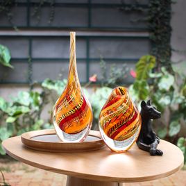 Tall Drop Glass Vase Twisted Hippie Red, Orange and Yellow Murano Style Art Glass