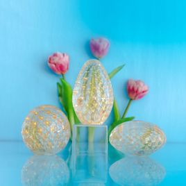 Set of 3 Paperweights Bubble Effect Transparent with Gold Murano Style Art Glass