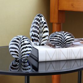 Ball Paperweight Feather Pattern Black and White Murano Style Art Glass