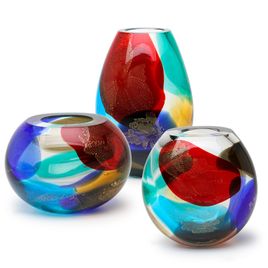 Set of 3 Small Glass Vases Colors Stains Model 1, 2 and 3 Colored with Gold Murano Style Art Glass