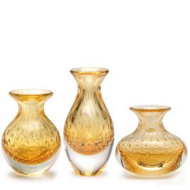 Set of 3 Small Glass Vases Bubble Effect Amber with Gold Murano Style Art Glass