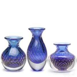 Set of 3 Small Glass Vases Bubble Effect Blue with Gold Murano Style Art Glass