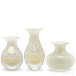 Set of 3 Small Glass Vases Bubble Effect White with Gold Murano Style Art Glass
