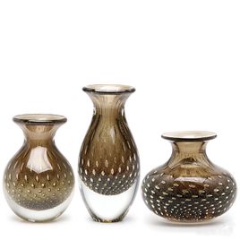 Set of 3 Small Glass Vases Bubble Effect Smoky with Gold Murano Style Art Glass