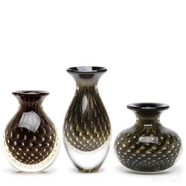 Set of 3 Small Glass Vases Bubble Effect Black with Gold Murano Style Art Glass